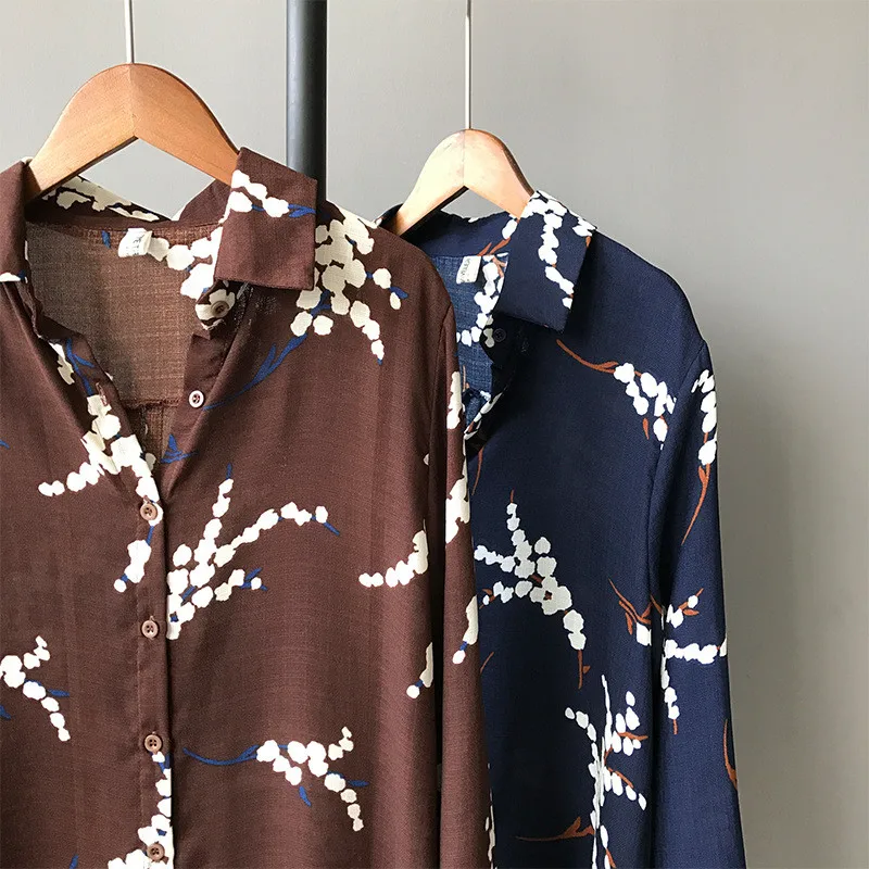 Винтажная летняя и осенняя женская блузка 2018 свободная Тонкая с ретро принтом