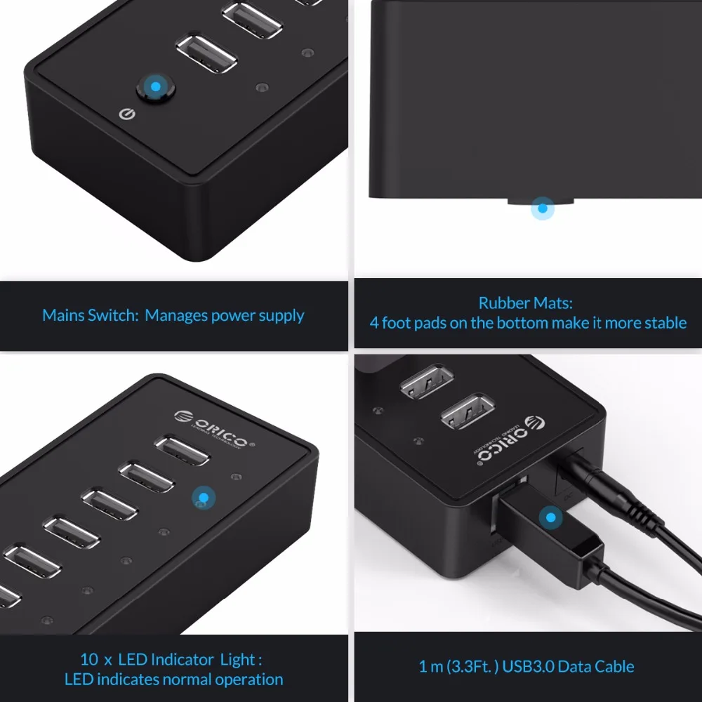 ORICO P10 U2 10 портов USB 2 0 концентратор EU/UK/US/AU разъем практичный ABS для