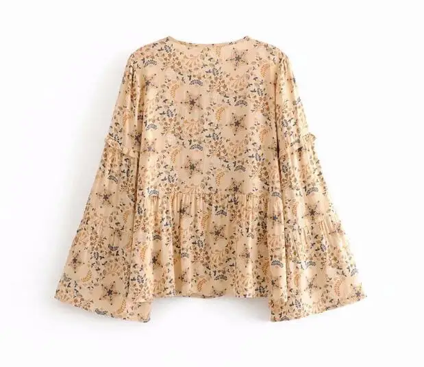 Bohemian Wood Ears Reffles Lace Up V neck Star Floral Print Flare Sleeve Shirt Beige Holiday Women Stream Pullover Blouse Tops |