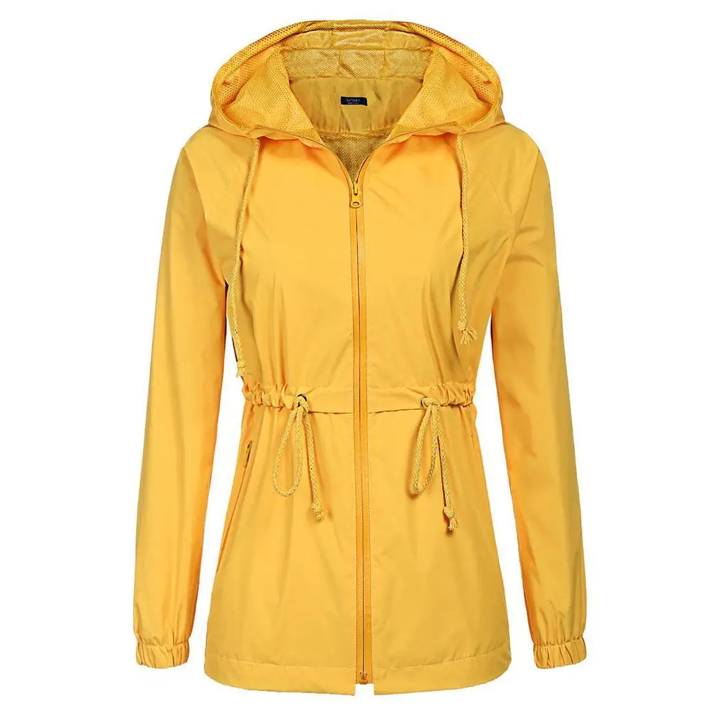 Hooded Lightweight Waterproof Black Navy Long Casual Raincoat Blue Sleeve Rain Zipper Regular Jacket Women Yellow Solid - Цвет: Yellow