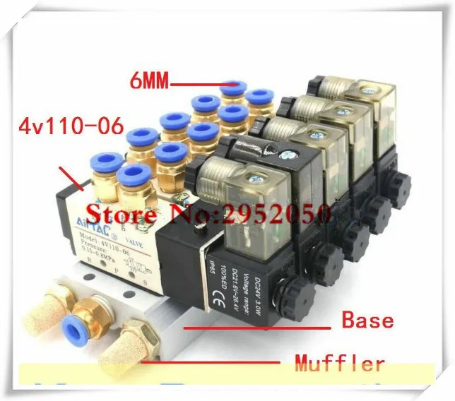 

Airtac 5 Way 4V110-06 With LED Indicator Quintuple Electromagnetic Solenoid Valves w Muffler Fitting Base 12v 24v 110v 220v