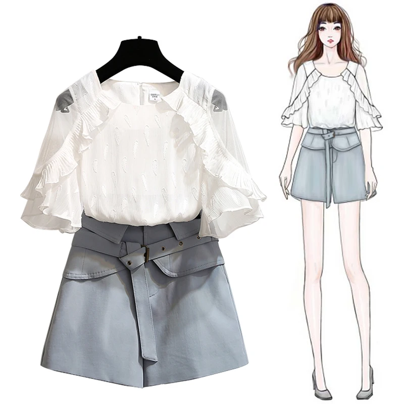 Trytree летний женский костюм из двух предметов Повседневное с оборками в полоску C