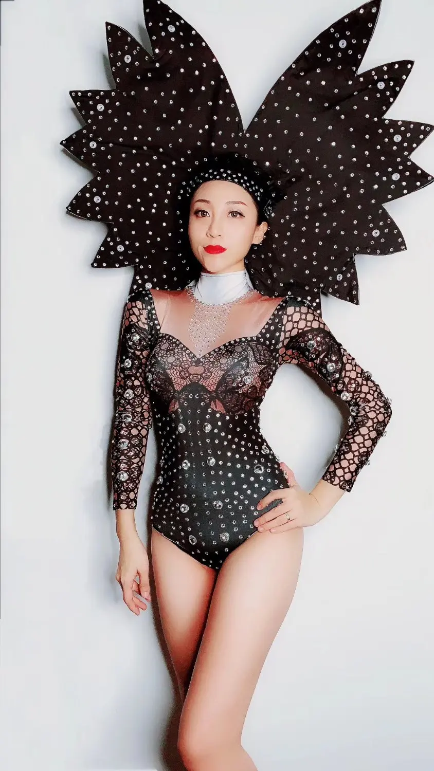 Black Rhinestones headwear Bodysuit Evening Party Women Singer Stage Costume Jumpsuits Crystals Birthday Celebration Costume