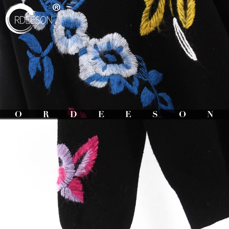 ORDEESON Flowers Embroidery Women Sweaters and Pullovers Jumper winter round neck Knitted Sweater Black Tops Jersey | Женская одежда
