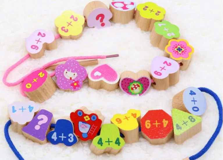 

2sets free shipping Early educational toys wooden Cartoon Animal Farm Flower Traffic Digital Beads Block Kid Thread Toys