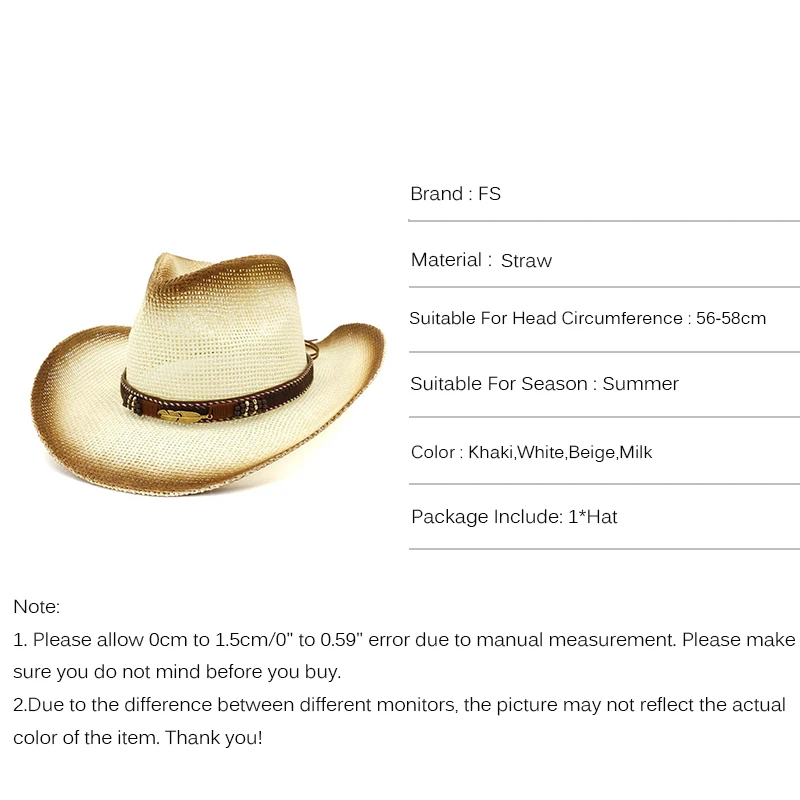 Мужская/женская соломенная шляпа FS ковбойская цвета хаки с широкими полями в