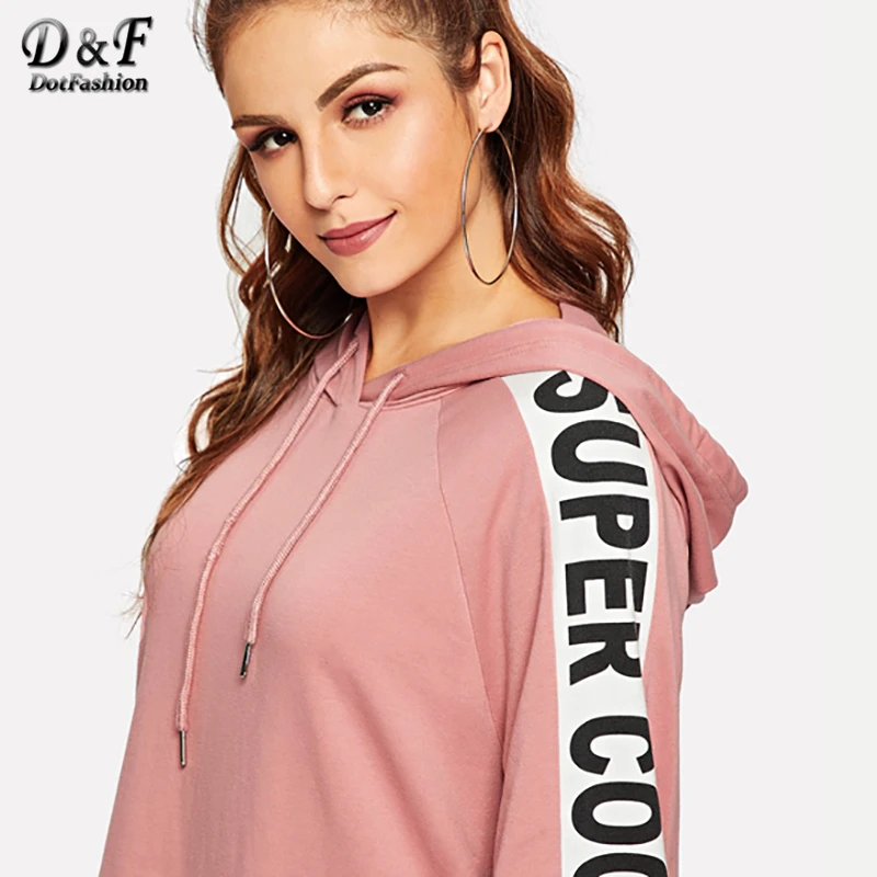 Dotfashion, розовый, рукав реглан, свитер с буквенным принтом, платье, женская одежда, весна-осень, Повседневное платье с капюшоном, длинный рукав, длина до колена