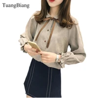 2021 autumn spring long sleeve corduroy petal sleeve shirt new slimming thickening keep warm lace up shirts ribbons bow blouses