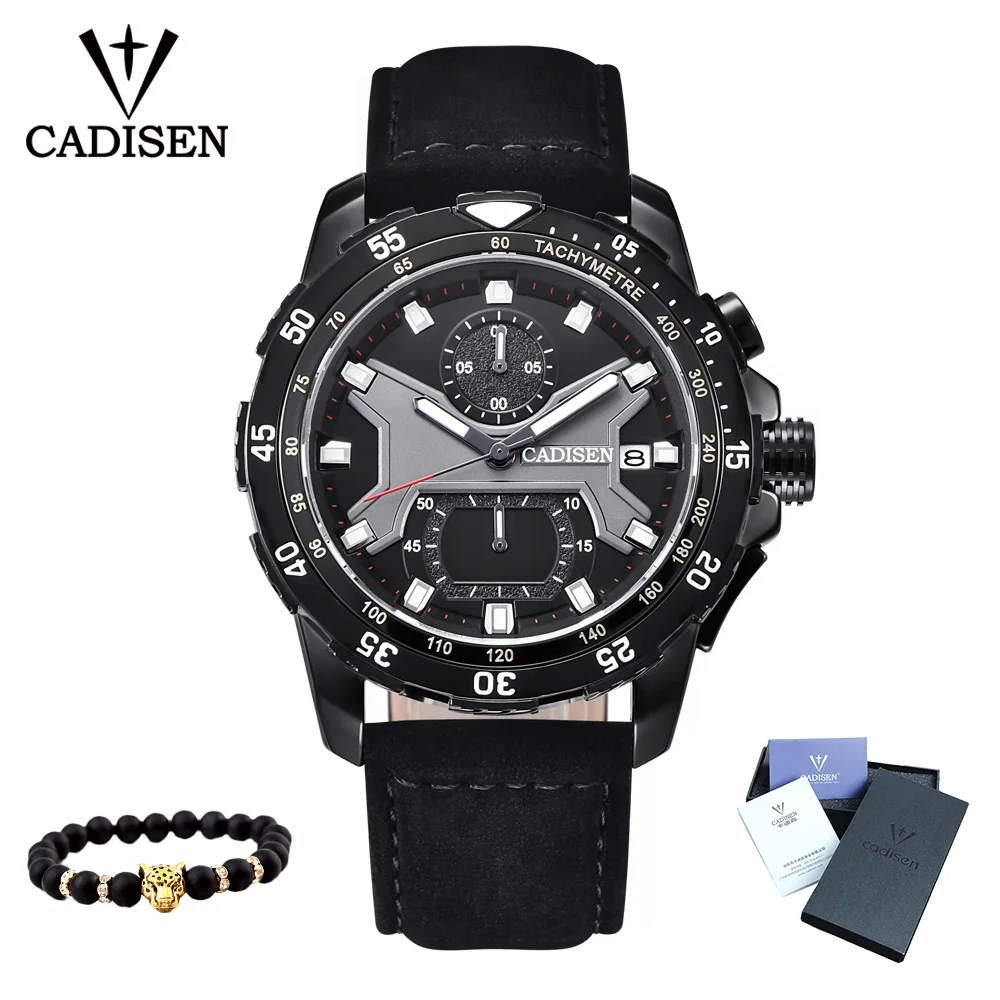Black CADISEN Мужские часы Часы мужские Роскошные Топ кварцевые часы/Военные/водонепроницаемые/спортивные/часы кожа светящийся дисплей часы - Цвет: Black