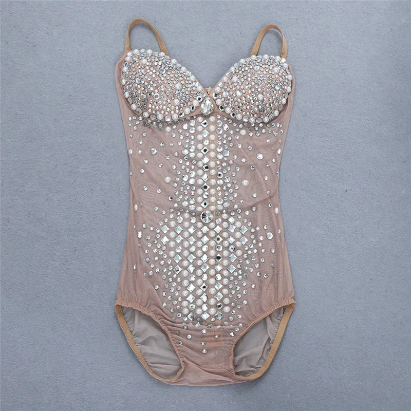 Apricot Top Quality Celebrity Strap Beading Sexy Women's Bodysuits Prom Party Bikinis