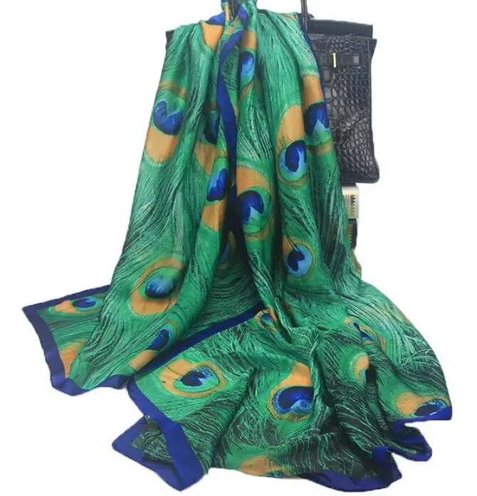green feather Новинка, роскошная брендовая модная женская шелковая мягкая шаль с принтом, летний женский шарф, Пашмина, платок для женщин, длинный размер, бандана, хиджаб - Цвет: green feather