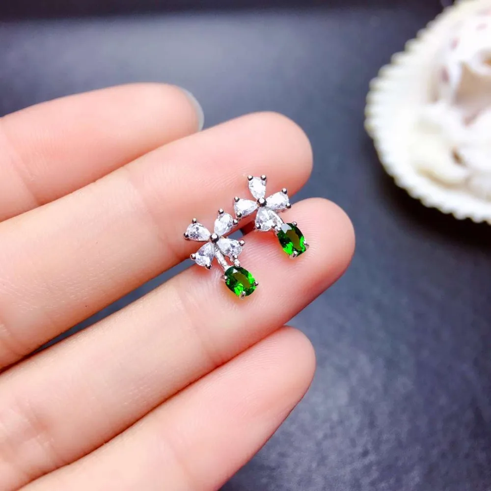 

Fashion Lovely Clover windmill Natural green diopside stud earrings S925 silver natural gemstone earrings girl party jewelry
