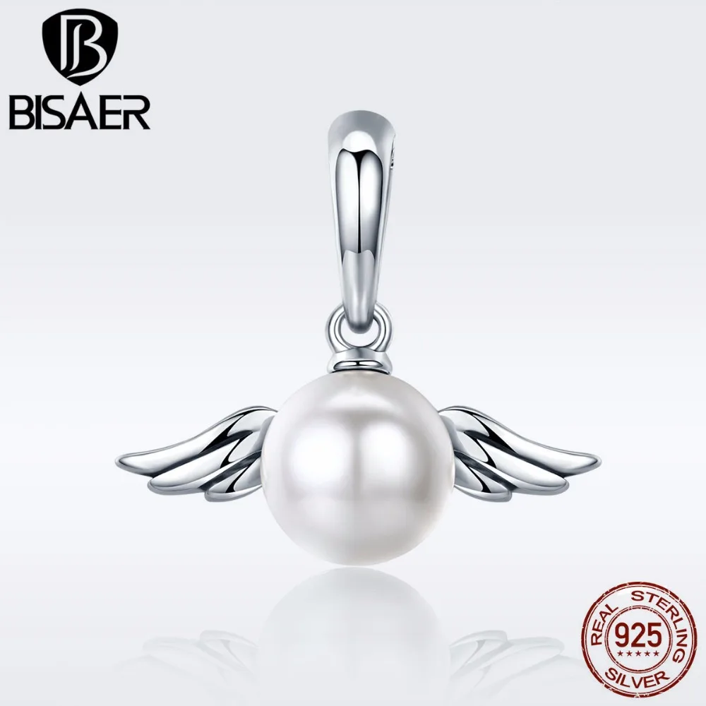 

BISAER Authentic 100% 925 Sterling Silver Guardian Angel Wings Dangle Charm Beads fit Charm Bracelet Silver 925 Jewelry ECC381