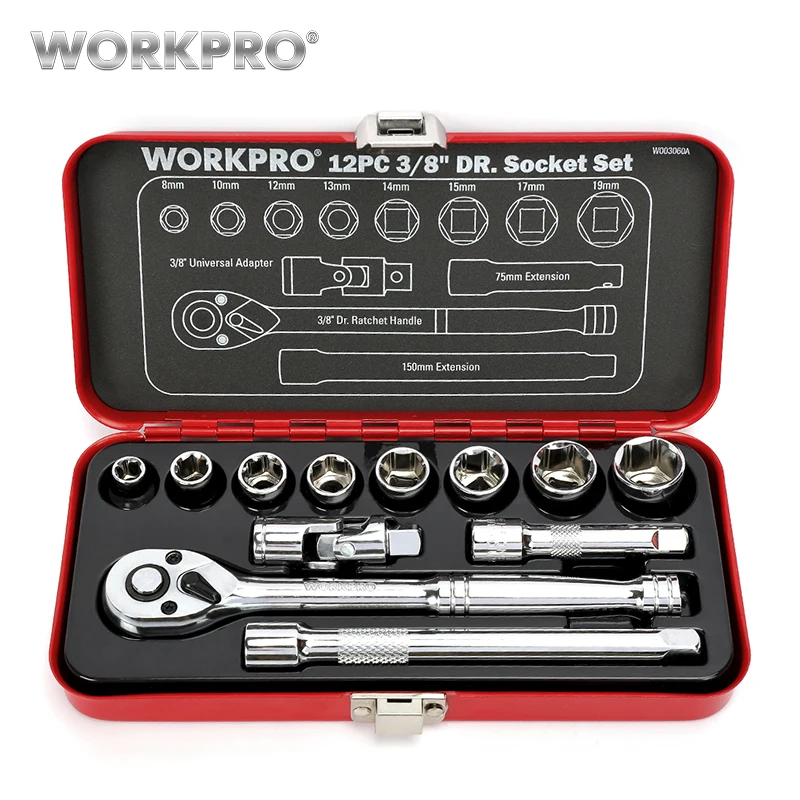 WORKPRO 12 шт. набор инструментов для ремонта дома 3/" DR Sokcet набор металлических коробок набор динамометрический ключ с храповым механизмом отвертка