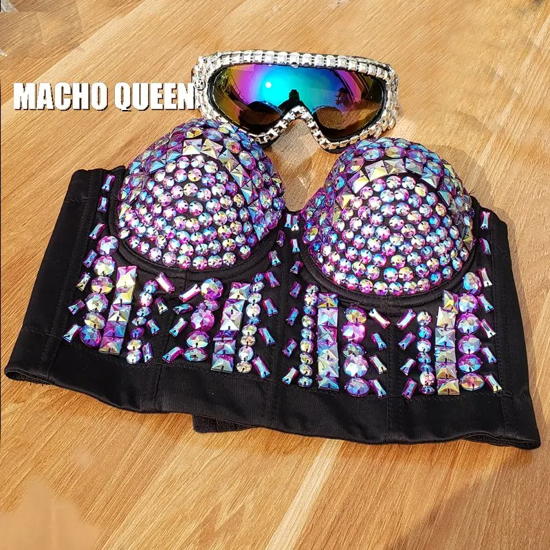 

Holographic Iridescent Rhinestone Bustier Top Burning Man Goggles Costumes Clothes Festival Rave Clothings Outfits Wear
