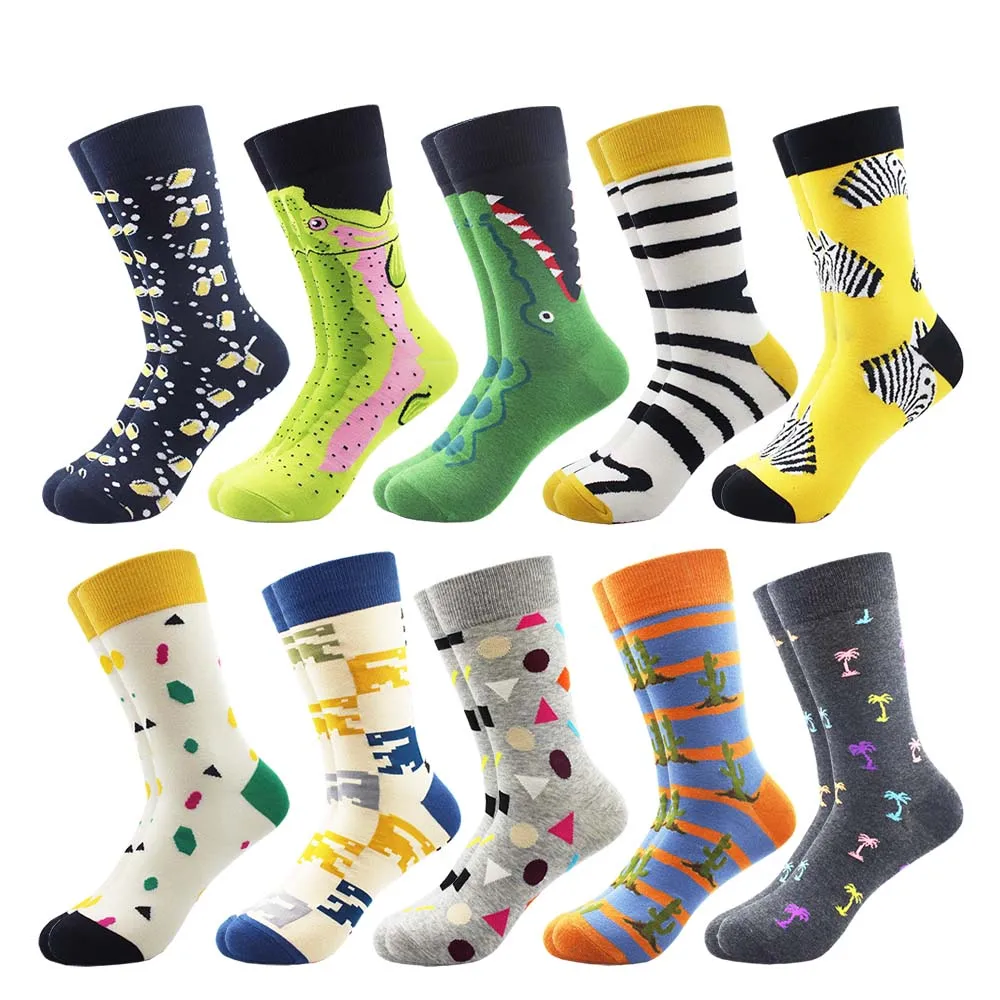 10 Pairs/lot Men's Colorful Striped Dot Combed Cotton Socks Funny Multi Set Dress Casual Crew Socks Happy Skateboard Socks