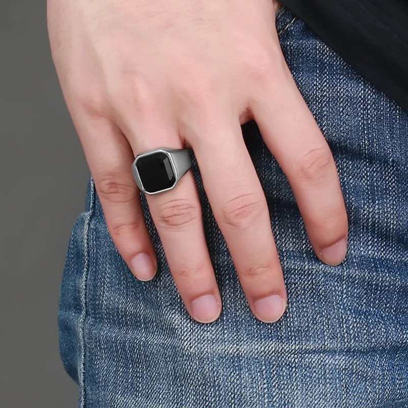 Vintage Men Rock Punk Biker Jewelry Anillos Black Stone Stainless Steel Man Ring Bijoux Simple Square Cocktail bague | Украшения и