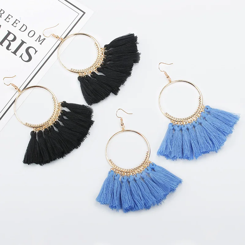 Женские серьги с кисточками Boho большие золотистые сережки Коннекторы в форме