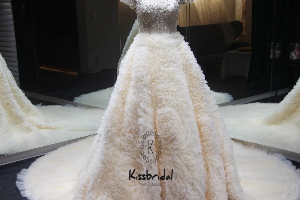 Robe de mariee Champagne Wedding Dress 2018 O-Neck Short Sleeves Chapel Train Beads Tulle Wedding Gowns Lace Up back Vestidos