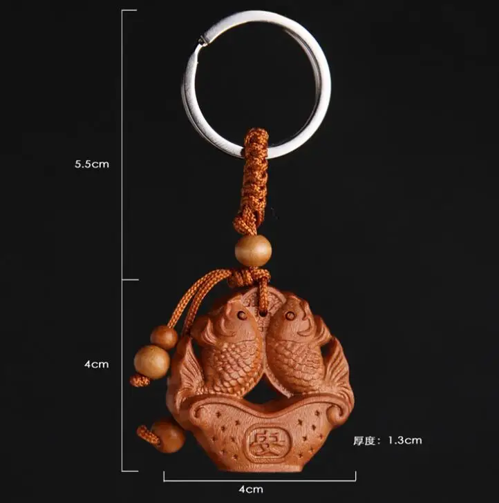 Chinese Peach Wood Carved Safe And Good Luck Double Fish Treasure Yuanbao Exquisite Car Key Chain Pendant | Дом и сад