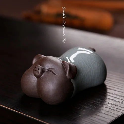 Small WIZAMONY Китайский Longquan Celadon фиолетовая глина глазурованная рисованная свинья удача украшение дома чай домашнее животное - Цвет: Small