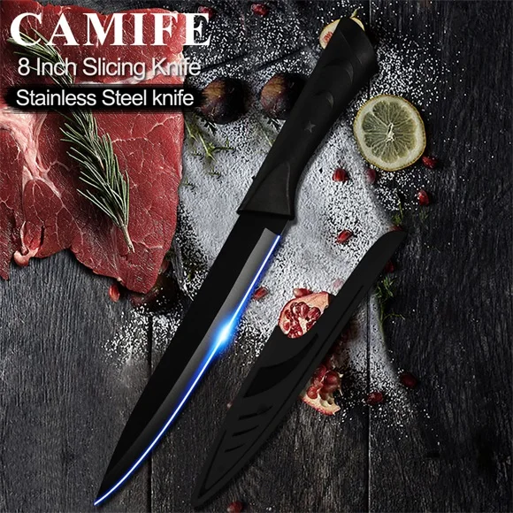 D.8 inch Slicing Нержавеющая сталь Ножи Кухня Ножи 6 шт набор Ультра Sharp Пособия по кулинарии Кухня ножи Кухня аксессуары инструменты Бесплатный нож чехлы - Цвет: D.8 inch Slicing
