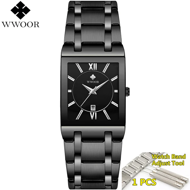 full black WWOOR мужские часы Топ бренд класса люкс Золотые Квадратные аналоговые кварцевые часы мужские водонепроницаемые золотые мужские наручные часы - Цвет: full black