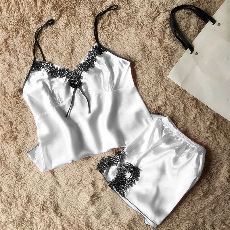 Women Sleepwear Sleeveless Strap Nightwear Lace Trim Satin Cami Top Pajama Sets Pijama Feminino Pijamas Para Mulheres Z1 | Женская