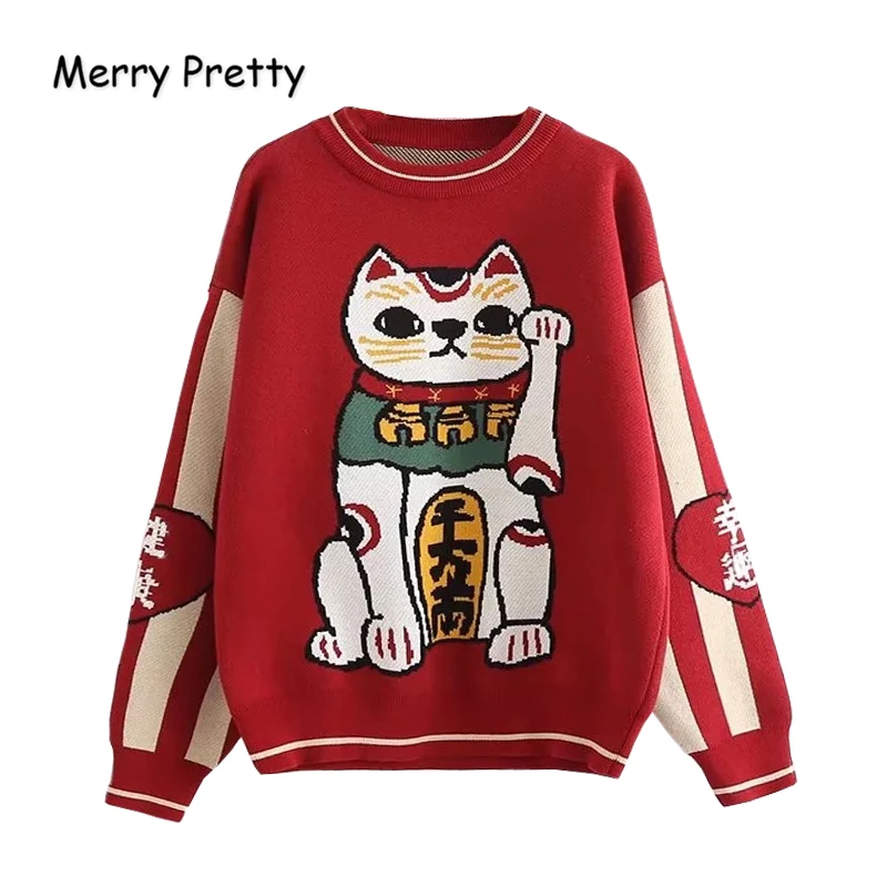 Веселые милые женские красные свитера с изображением из мультфильма Lucky Cat с вышивкой Harajuku Kawaii вязаный пуловер зимний свитер с длинным рукавом и круглым вырезом
