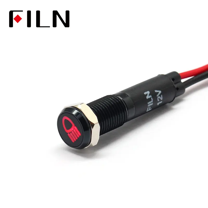 Red black shell FILN 8 мм Приборная панель автомобиля высокий луч символ led красный желтый белый синий зеленый 12 в светодиодный индикаторный светильник с кабелем 20 см - Цвет: Red black shell
