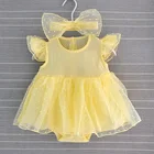 Желтое платье для новорожденных, белое кружевное платье для крещения, платья для девочек 3, 6, 9 месяцев, 2019