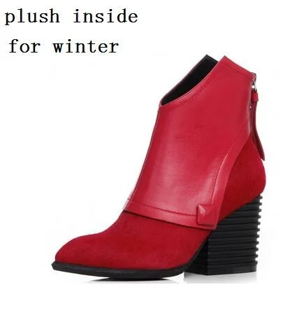 red for winter Женские Модные ботильоны из натуральной кожи на толстом высоком каблуке с острым носком и молнией сзади; сезон весна-осень-зима; большой размер 41 - Цвет: red for winter