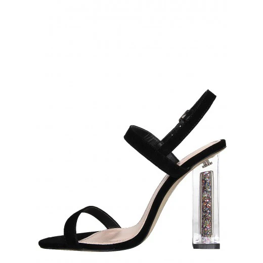

New Design Pink Flock Leather Crystal Embellished Transparent Square Heels Sandals Buckle Hollow Out Peep Toe Party Dress Shoes
