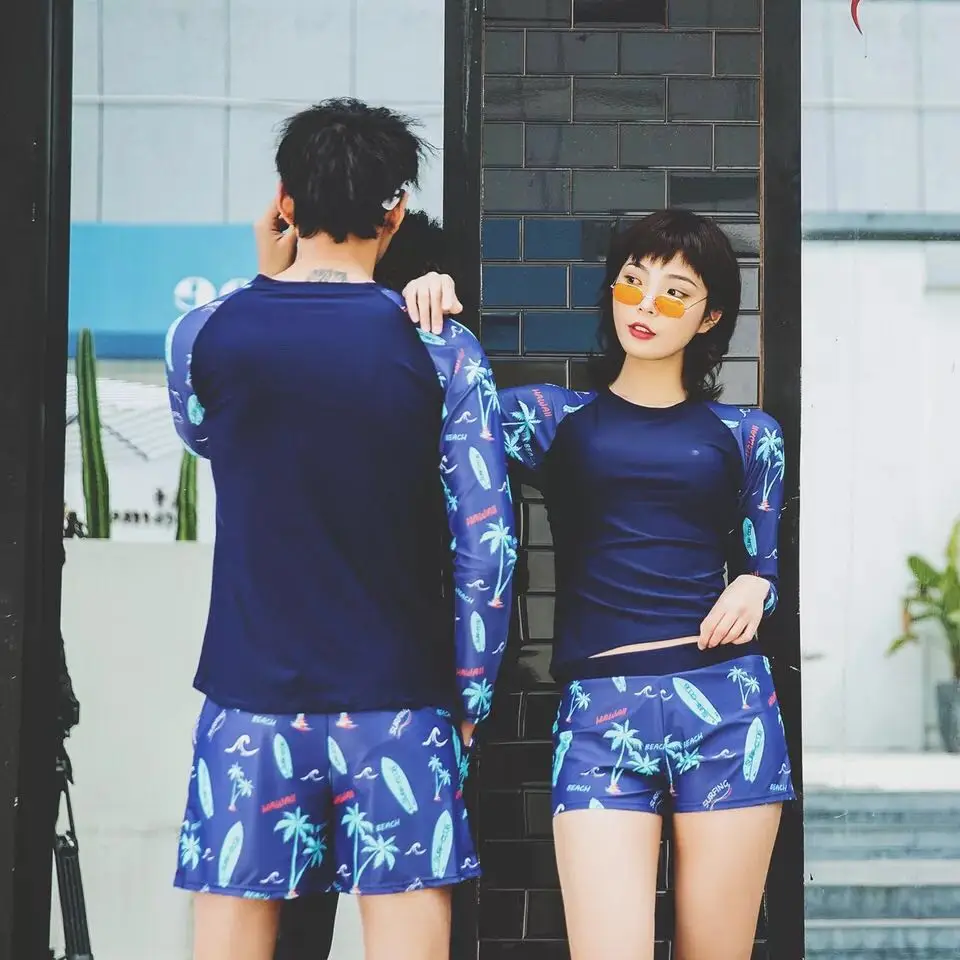 

2019 Women Men's Two Piece Swimsuit Floral Printed Swimming Suit Long Sleeve Top Beach Swimwear New Rash Guard