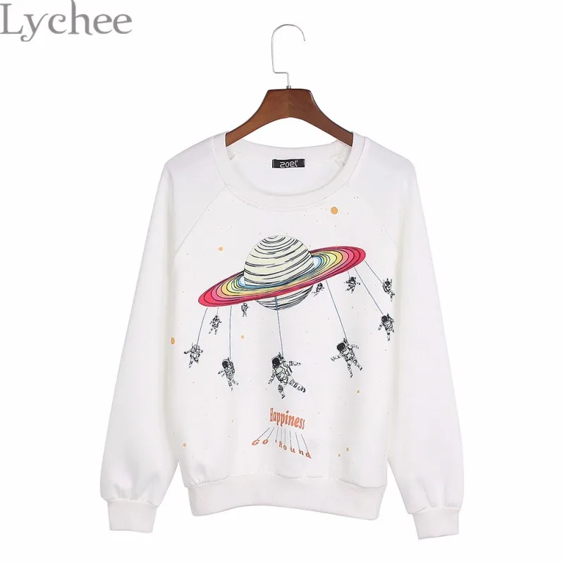 Lychee осень зима Harajuku для женщин толстовка Сатурн астронавт печати пуловер повседневное свободные с длинным рукавом спортивный костюм
