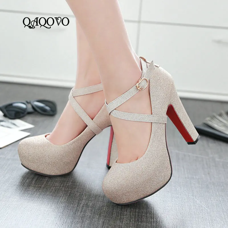 

2019 Fashion Sequined Platform Women Shoes Square High Heels Pumps Cross-tied Party Ladies Shoes Black Gold Silver