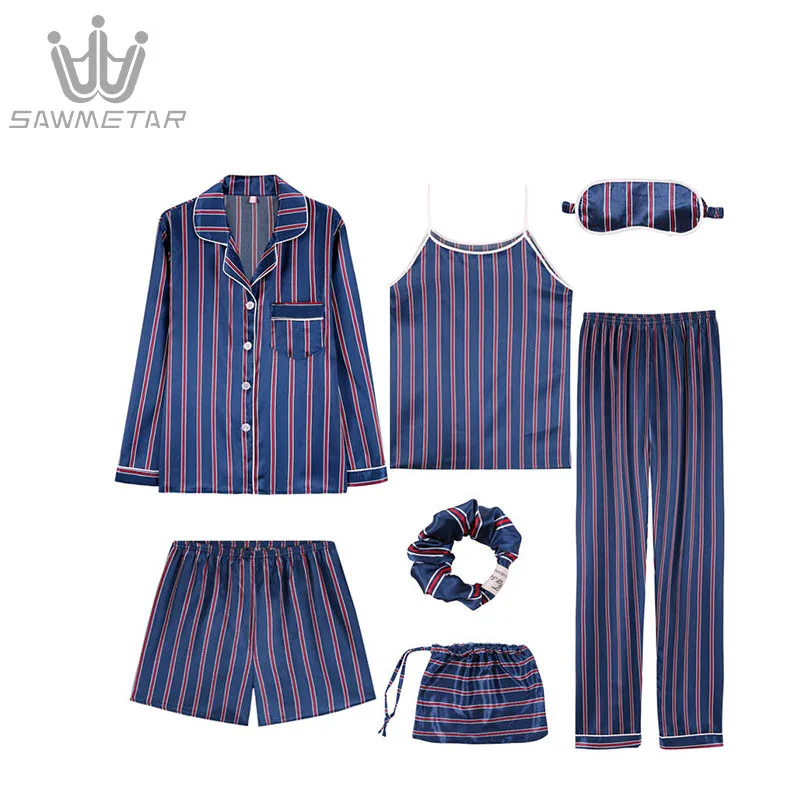 Women's 7 Pieces Pajamas Sets Emulation Silk Pijama Striped Pyjamas Women Long Sleeve Sleepwear Spring Summer Autumn Homewear