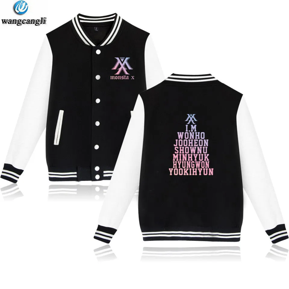 

KPOP Korean Style MONSTA X Baseball Jacket Fashion Fans Uniform Sweatshirt Men/Women Capless Hoodies Harajuku Hip Hop Clothing