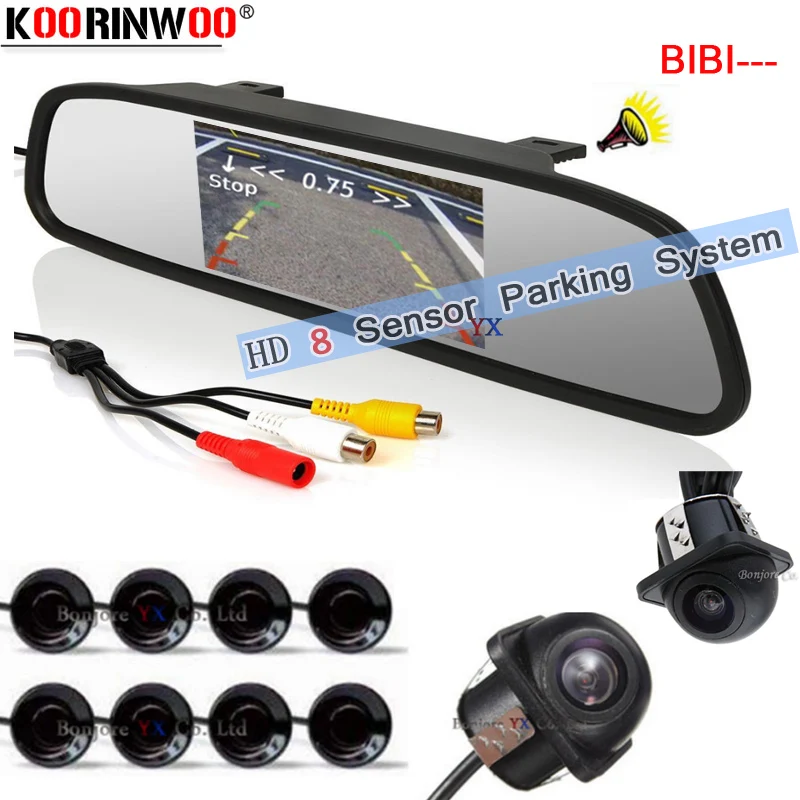 

Koorinwoo Multicolor HD Car Video Parking 8 Sensors Monitor Front Camera Rear view Camera With Mirror Monitor Black White Grey