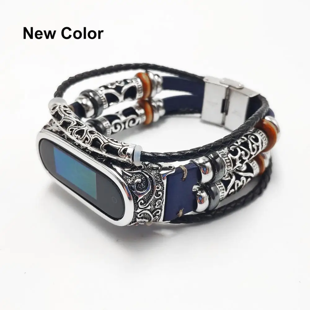 

AKGLEADER For Xiaomi Mi Band 5 nfc Retro Watch Band Genuine Leather With Jewelry Wrist Strap Metal Engrave Case For Miband 3 Mi4