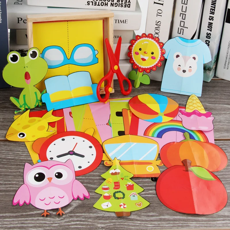 60pcs Kids cartoon color paper folding and cutting toys wooden storage box/children kingergarden art craft DIY educational toys