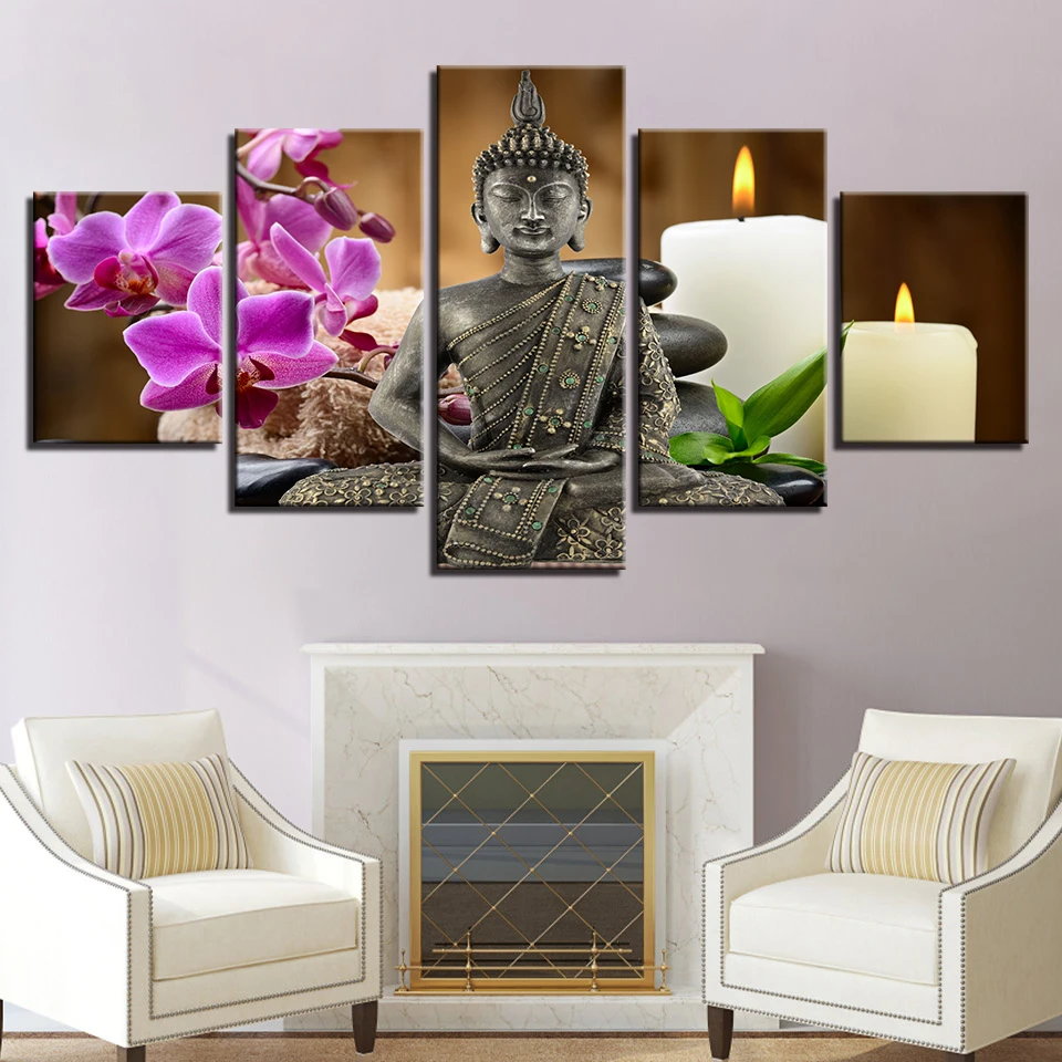 

Canvas HD Prints Pictures Home Decor Framework 5 Pieces Buddha Zen Paintings Moth Orchid Candle Posters For Living Room Wall Art