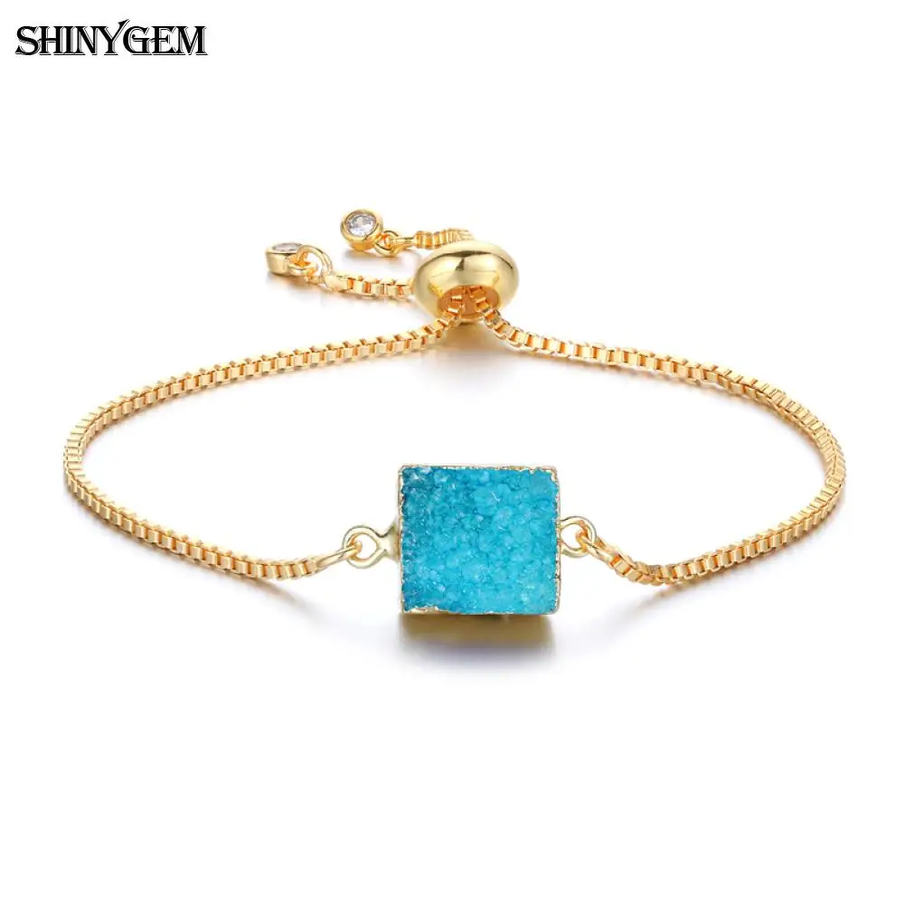 Sea Blue ShinyGem 12 мм натуральный квадратный браслеты из драгоценных камней 9 планета кристалл браслет с подвесками Регулируемая золотая цепочка Druzy браслеты для женщин - Окраска металла: Sea Blue