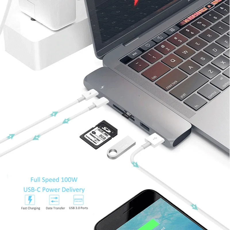 7в1 USB-C концентратор двойной тип-c многопортовый кардридер адаптер 4 K HDMI для MacBook Pro