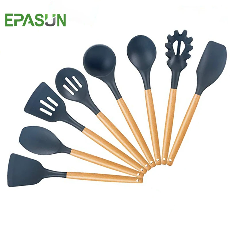 

EPASUN 8pcs Kitchen Utensils Silicone Wooden Cooking Tools Sets Turner Spatula Handle Soup Ladle Spoon Slotted Shovel Scrapers