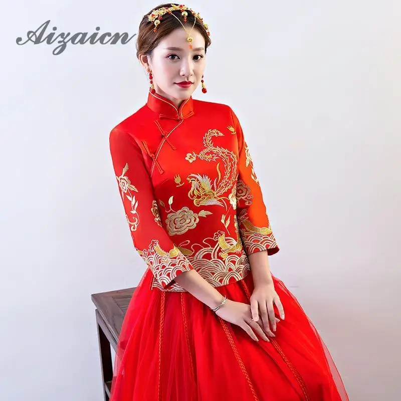Красный дракон феникс длинный Cheongsam Современная Невеста женится винтажное платье Qi Pao женское традиционное китайское свадебное платье халат Ципао