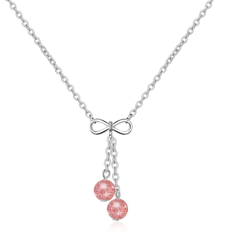 

KOFSAC Fashion 925 Silver Necklaces For Women Wedding Temperament Cute Bowknot Pink Strawberry Crystal Pendant Necklace Jewelry