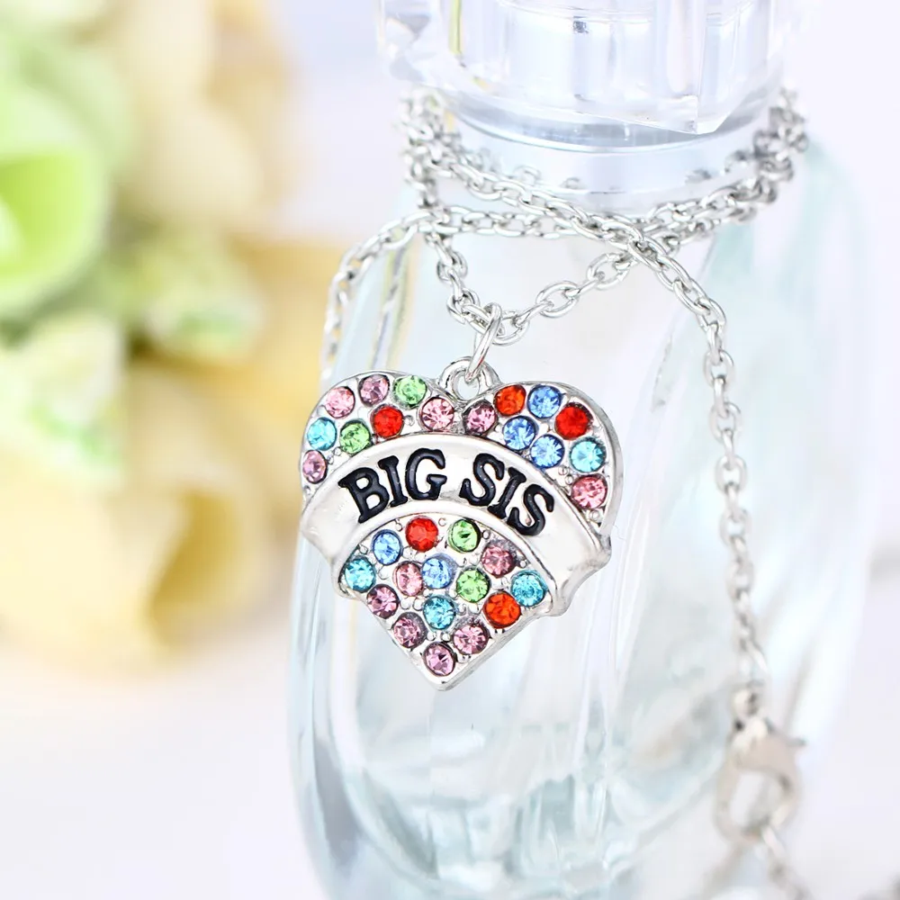 

Bespmosp 24PC/Lot Wholesale New Arrival Big Sis Chromatic Crystal Rhinestone Pendant Necklace Family Sis Jewelry Friendship Gift