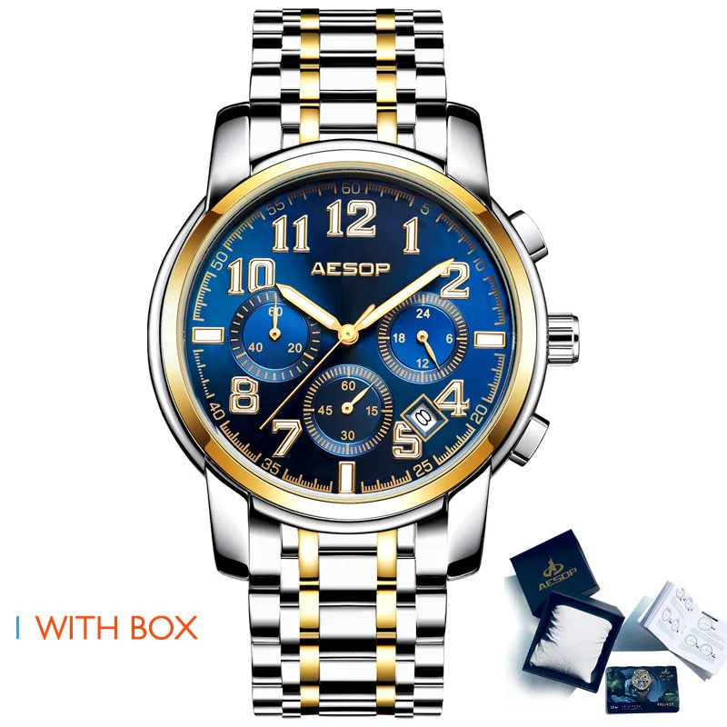 Gold blue S Box AESOP мужские спортивные часы, мужские Роскошные наручные часы из нержавеющей стали, мужские наручные часы, мужские наручные часы, водонепроницаемые Relogio Masculino - Цвет: Gold blue S Box