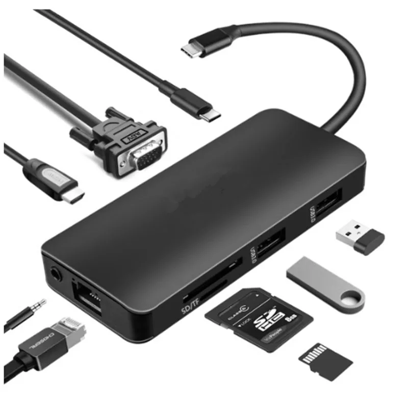 Baolyda USB C HUB 9in1 Thunderbolt 3 Adapter USB Type C HDMI VGA 4K Gigabit Ethernet Montiport Adater for Macbook Pro Type-c PC